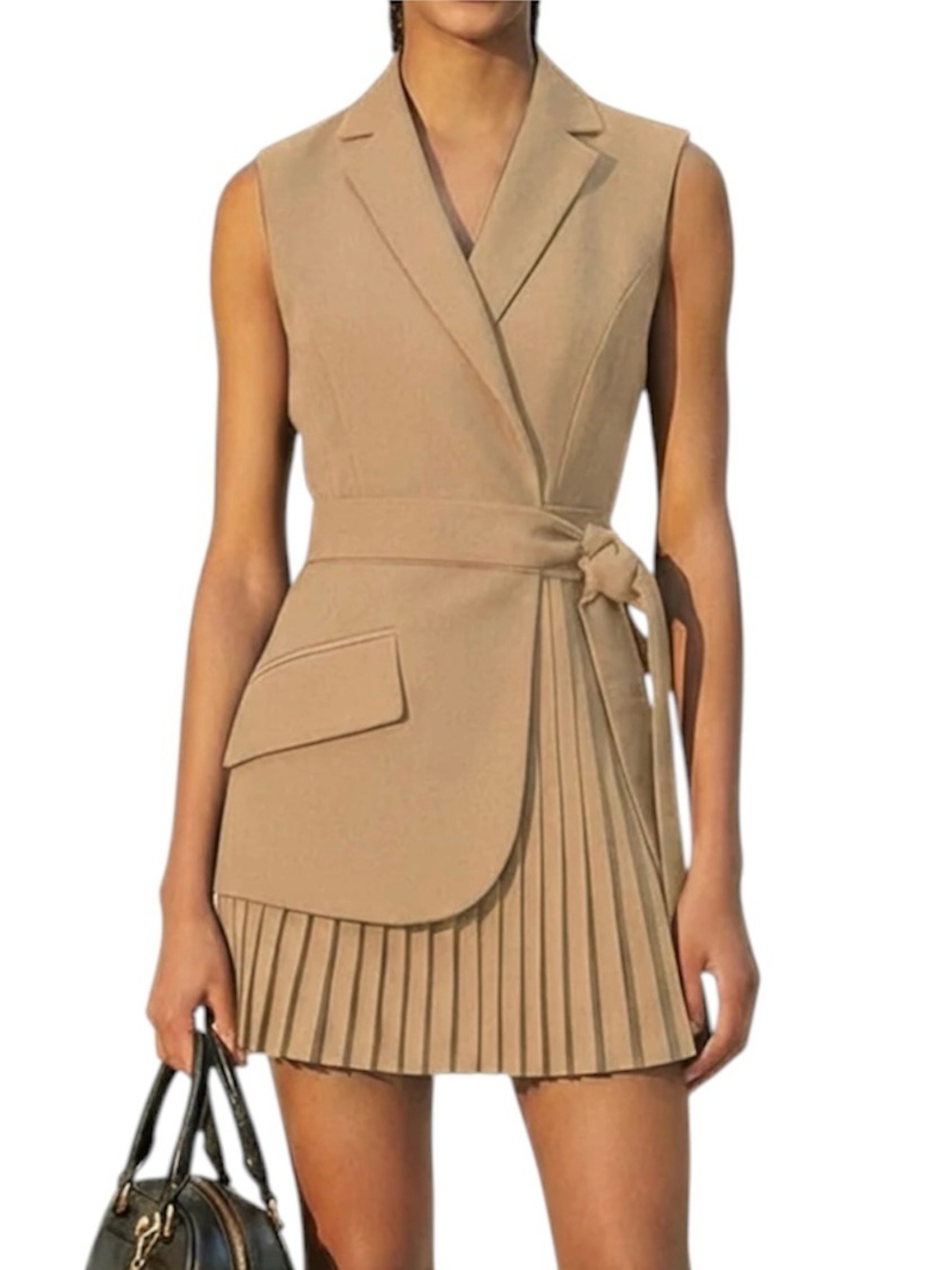 Commense Khaki Pleated Blazer Mini Dress Sleeveless Small NWT Tie Waist